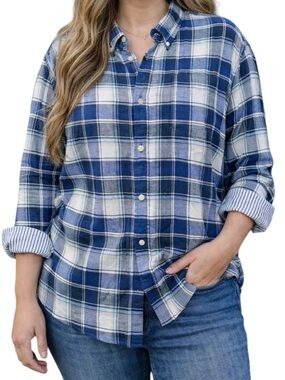 JACHS Girlfriend XL Blue White Plaid Casual Button Front Flannel Shirt